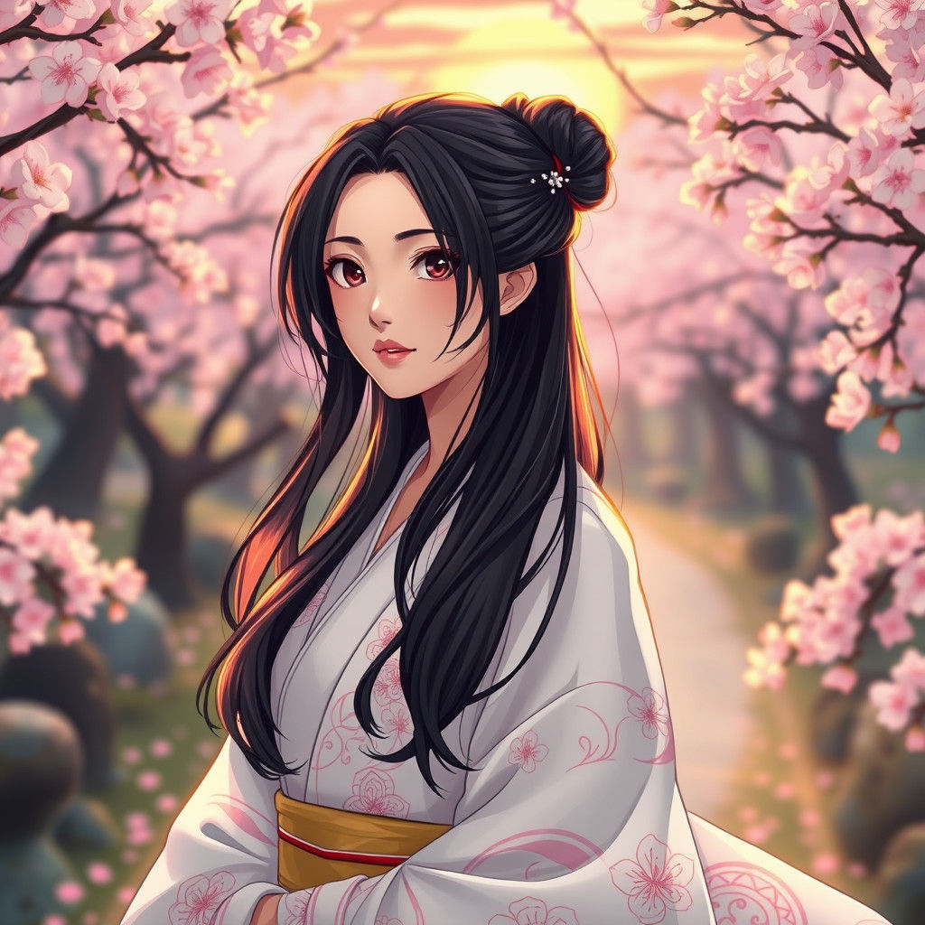 Kimono Woman in Japanese Garden, Anime Style