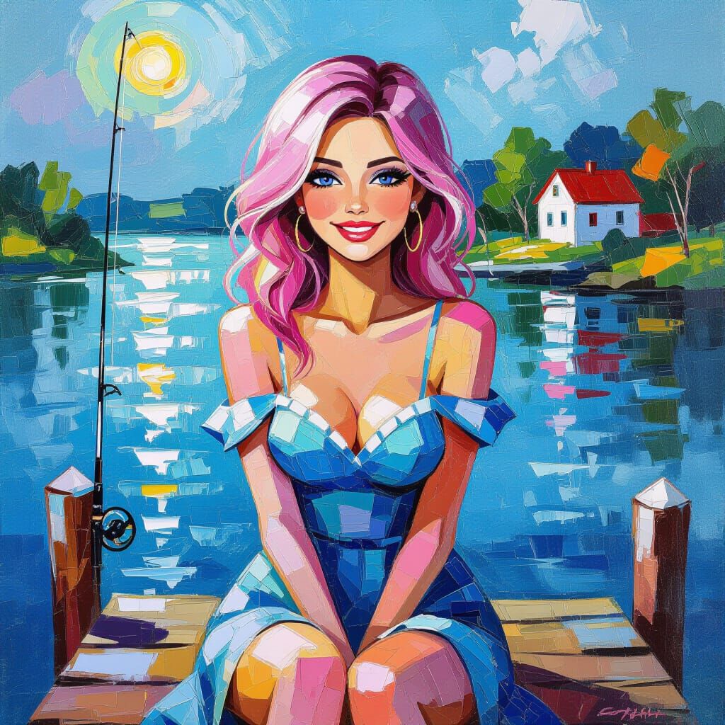 Pink Haired Woman Fishing in Expressive Oil Painting Style