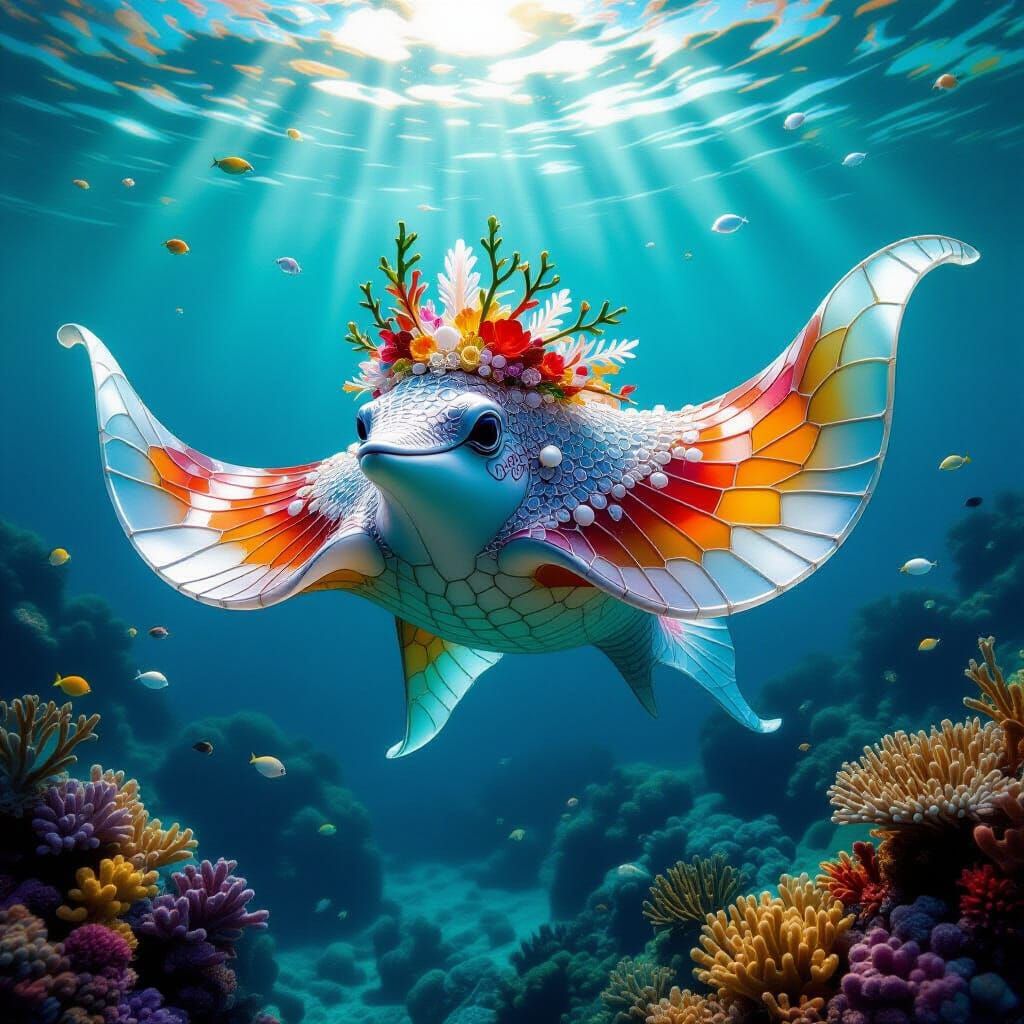 Nymira Sea Beast Sculpture of Coral Crowned Manta Ray