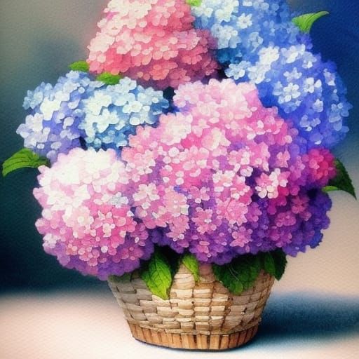 Blue and Pink Hydrangea Watercolor Painting