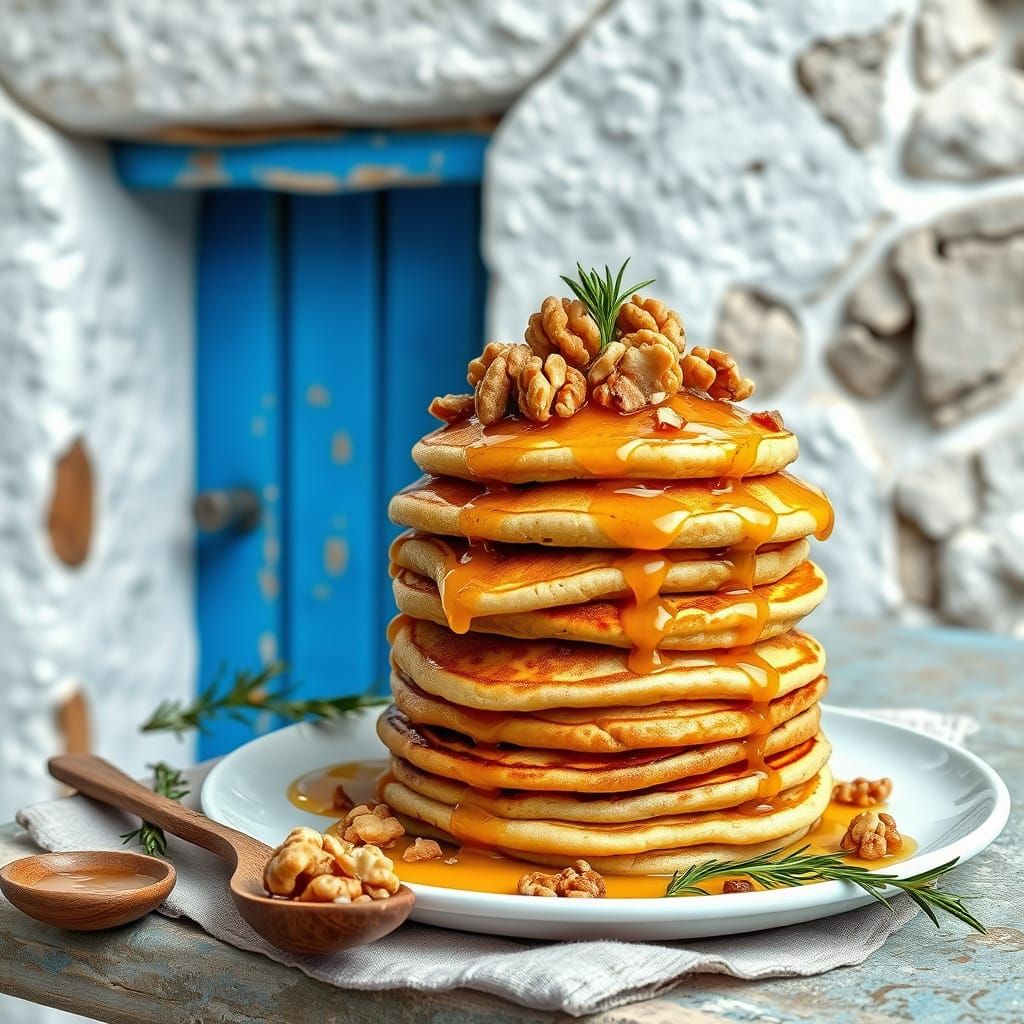 Golden Pancakes in Whimsical Greek Setting