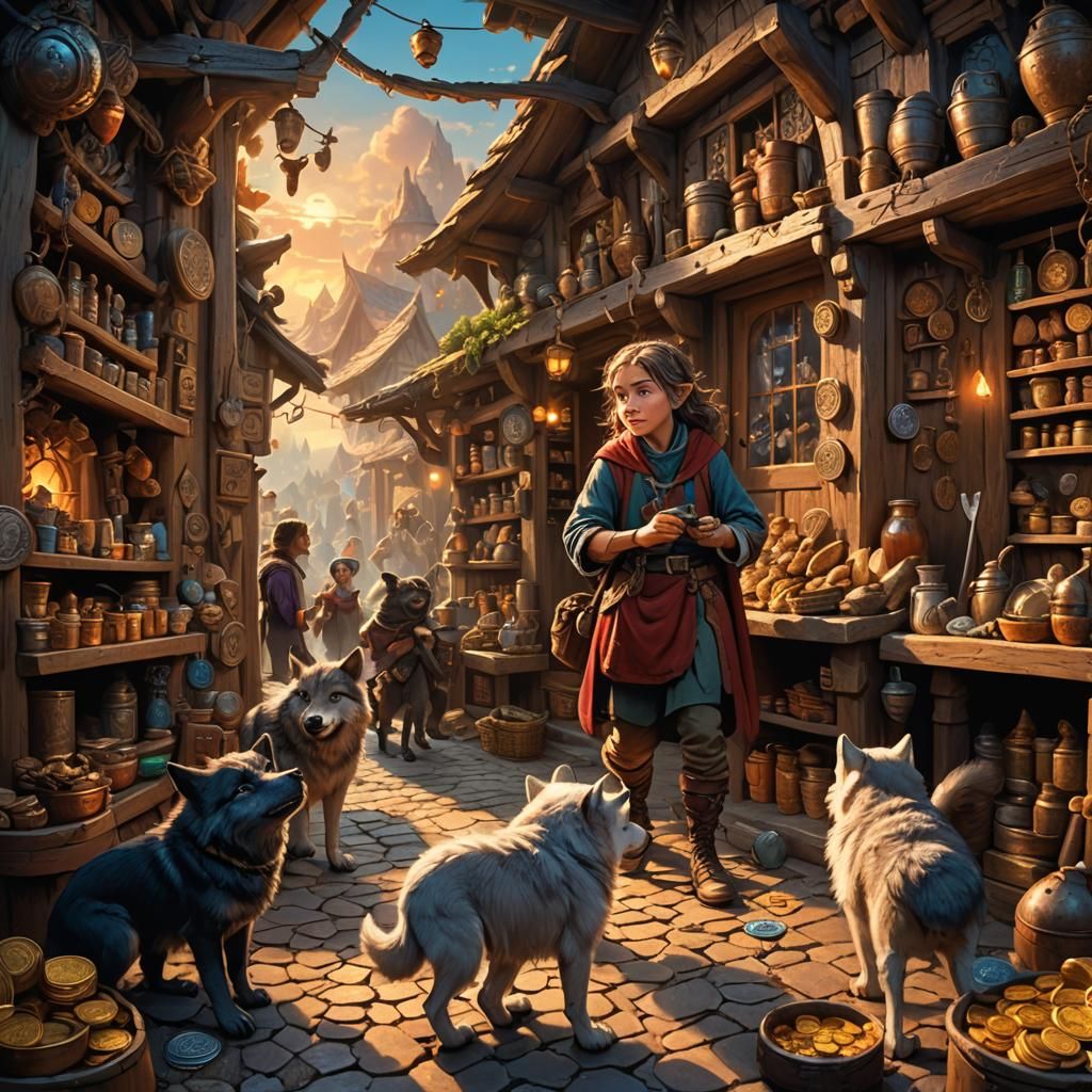 Wolves Photobomb Halfling Shop in Fantasy Art