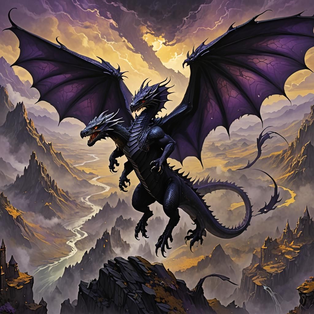 Black Dragon Soaring in Dark Fantasy Landscape