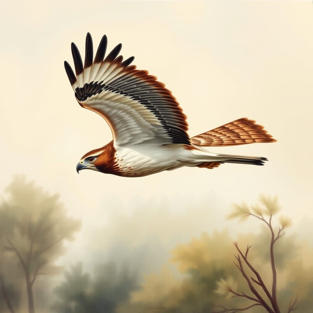 Hawk Soaring in Natural Landscape, Illustration Style