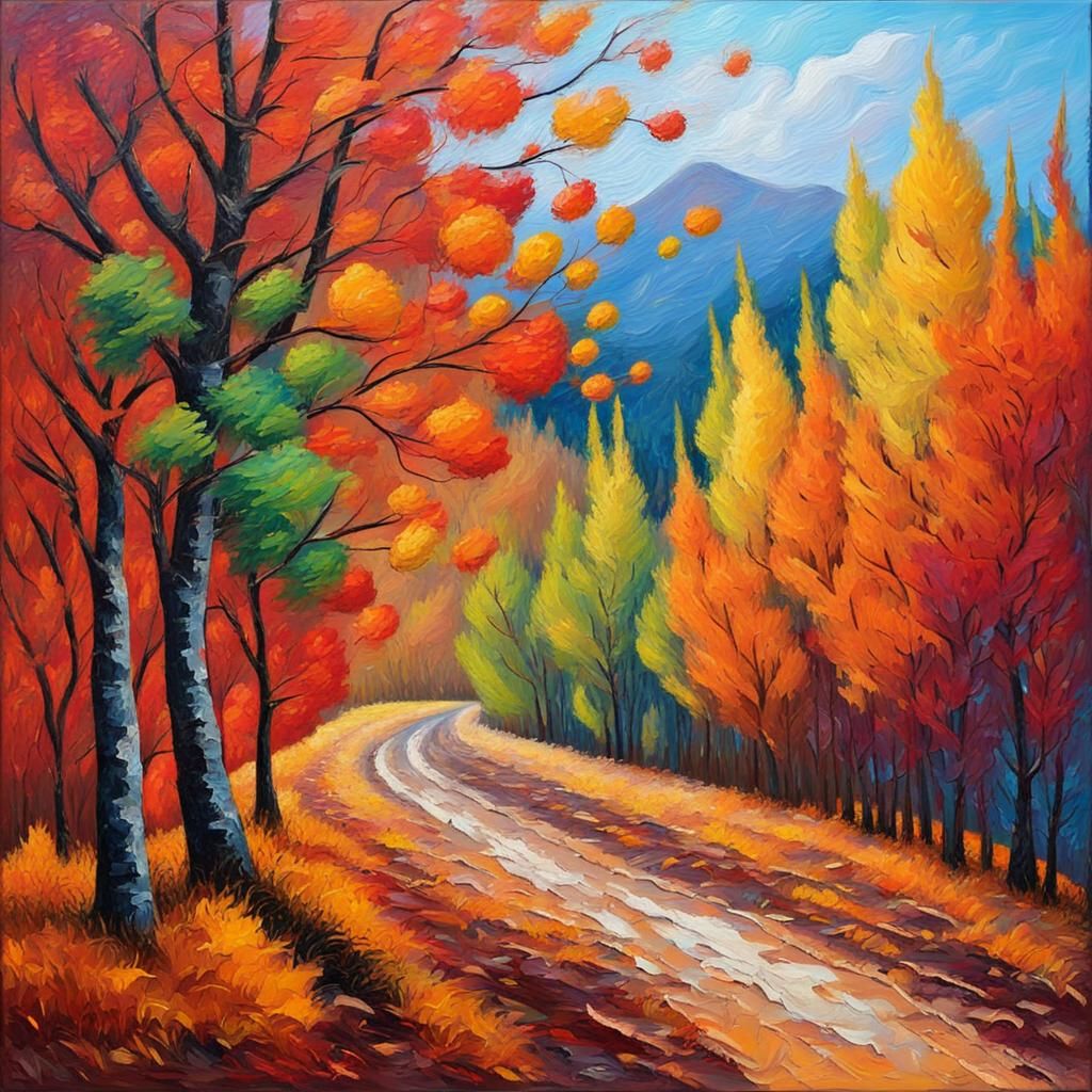 Colorful Autumn Landscape in Expressionist Oil Painting Styl...