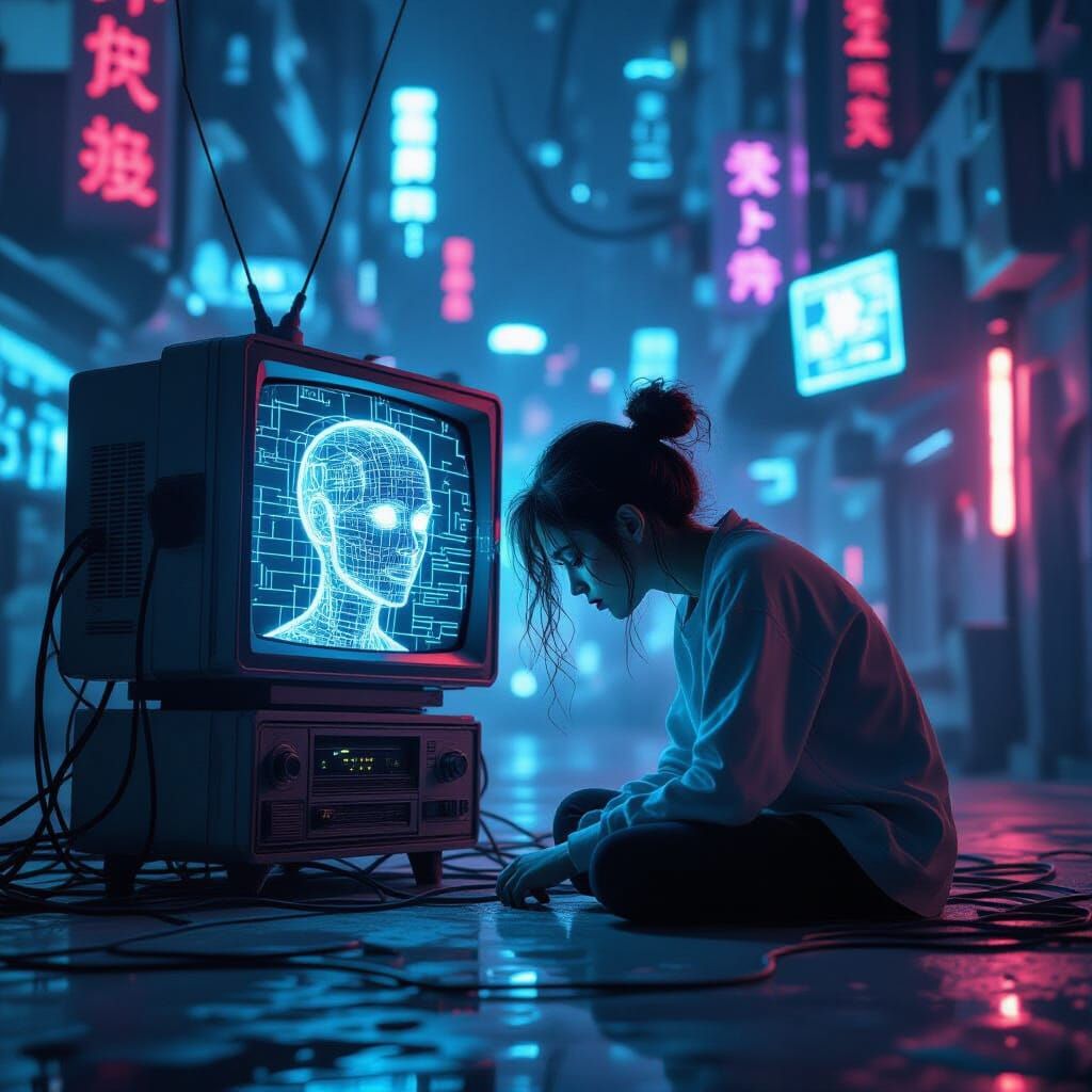 Surreal Cyberpunk Character Overwhelmed by AI Thoughts