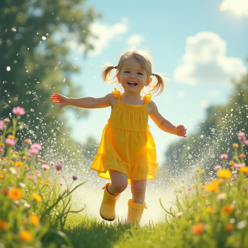 Child Runs Through Sprinkler on Sunny Day in Impressionistic...
