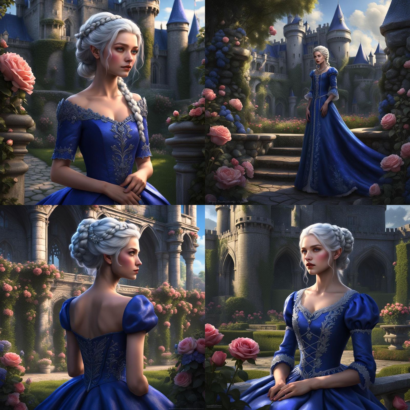Silver-Haired Princess in Castle Garden: Dark Fantasy Art