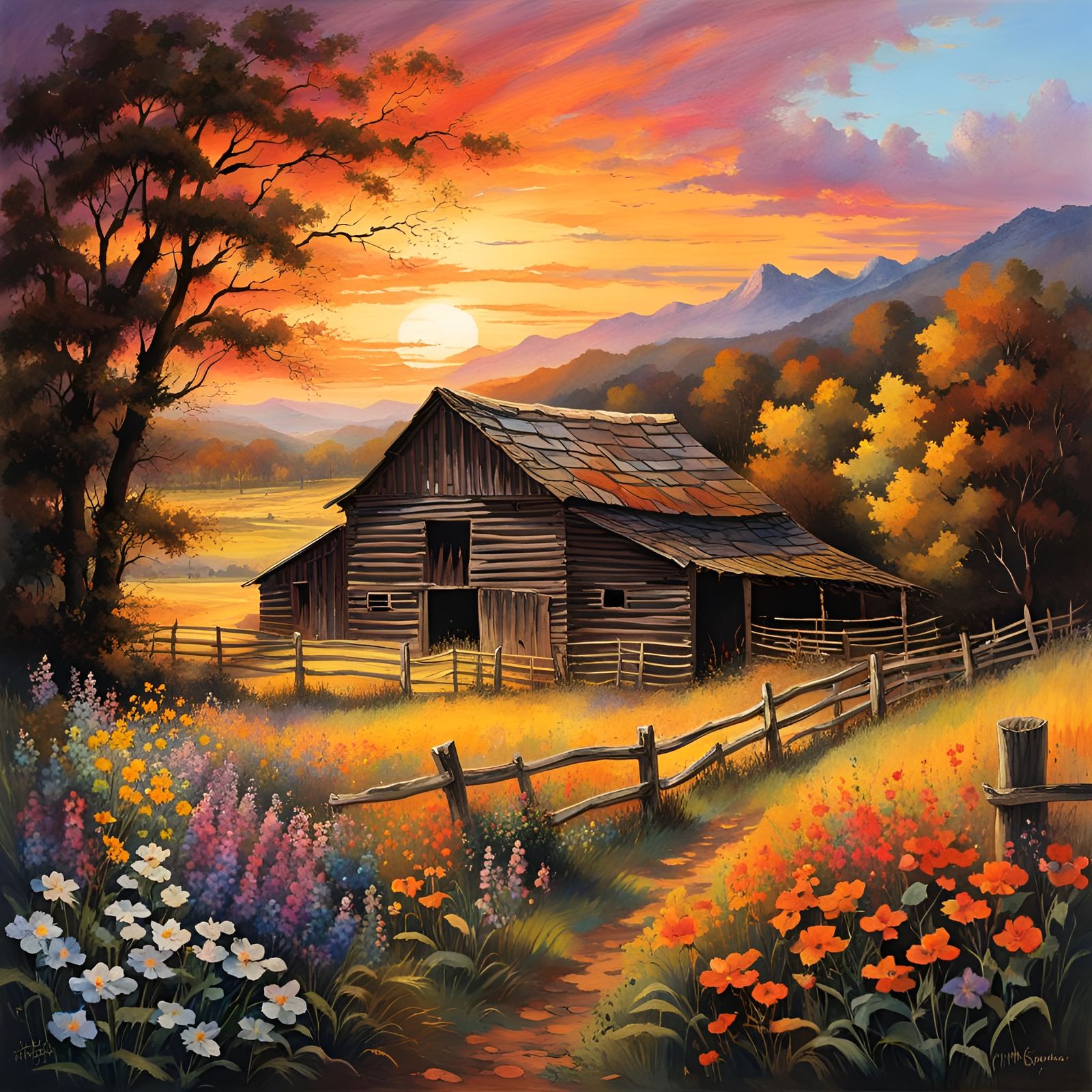 Picturesque Barn: A Polychromatic Watercolor Painting