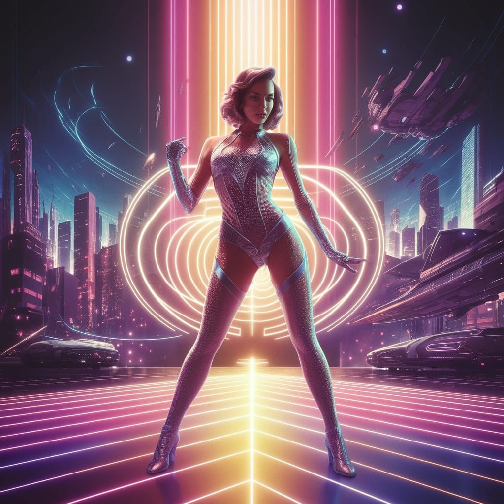 Futuristic Dancer in Neon-Lit Cityscape of 2070s
