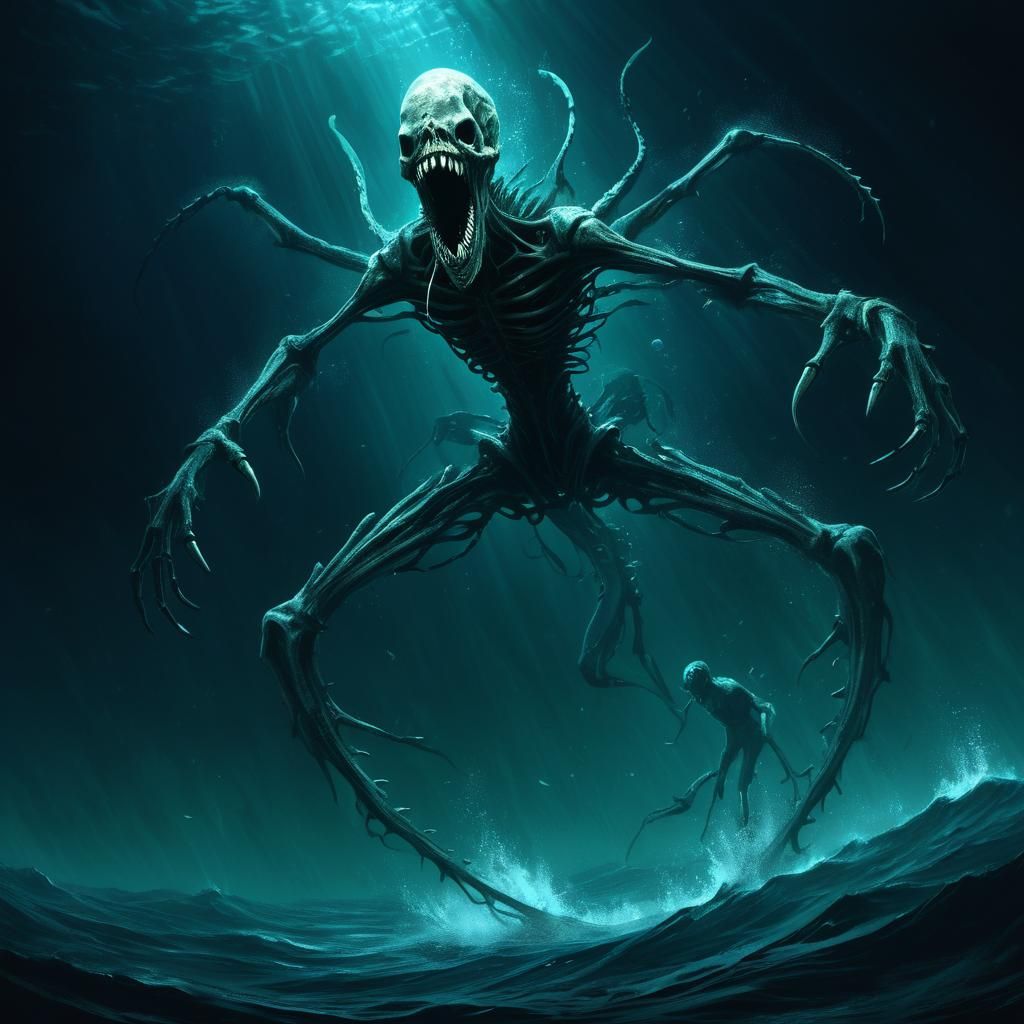 Grotesque Humanoid Consumes Diver in Dark Ocean