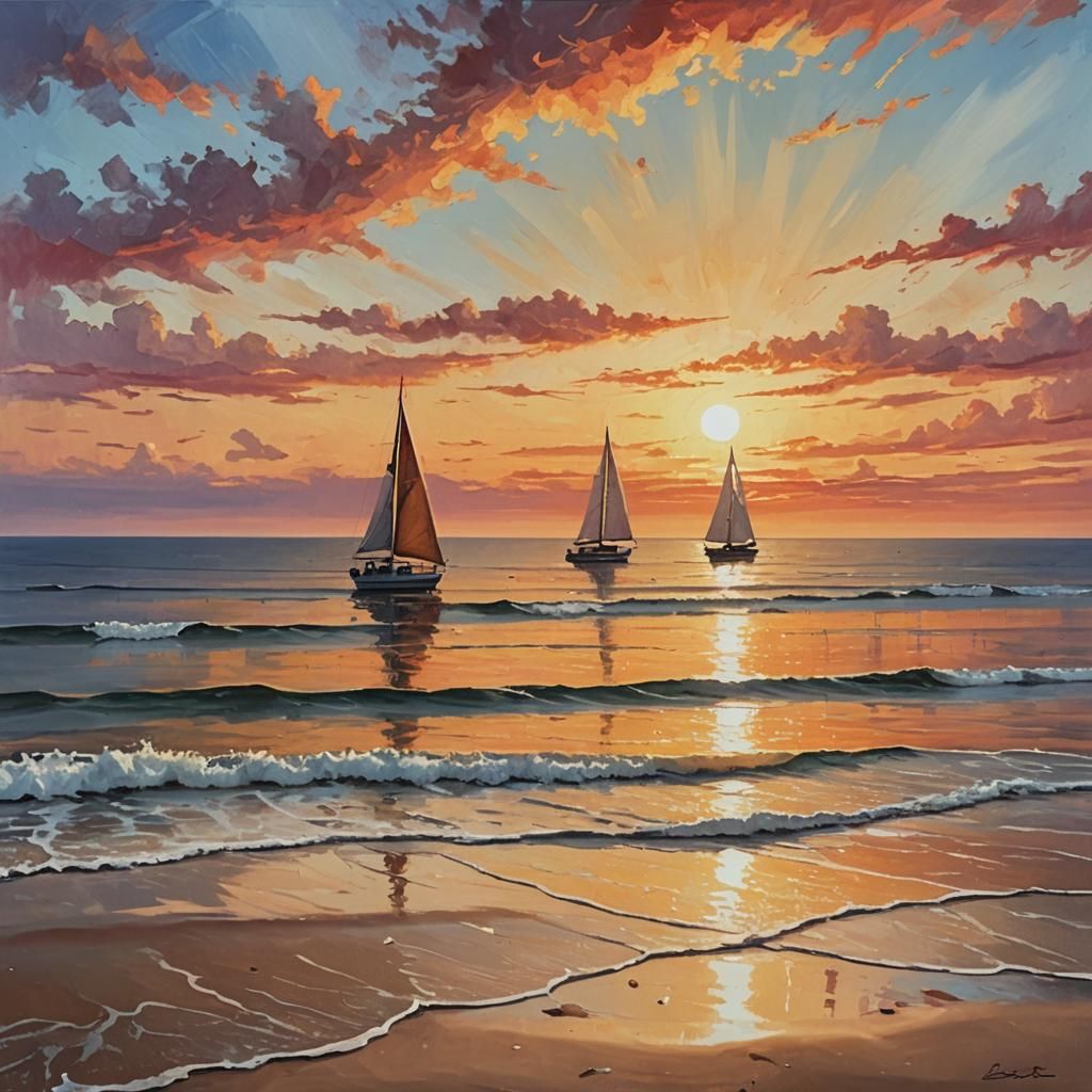 Warm Surrealist Sunset Over Ocean with Sailboat