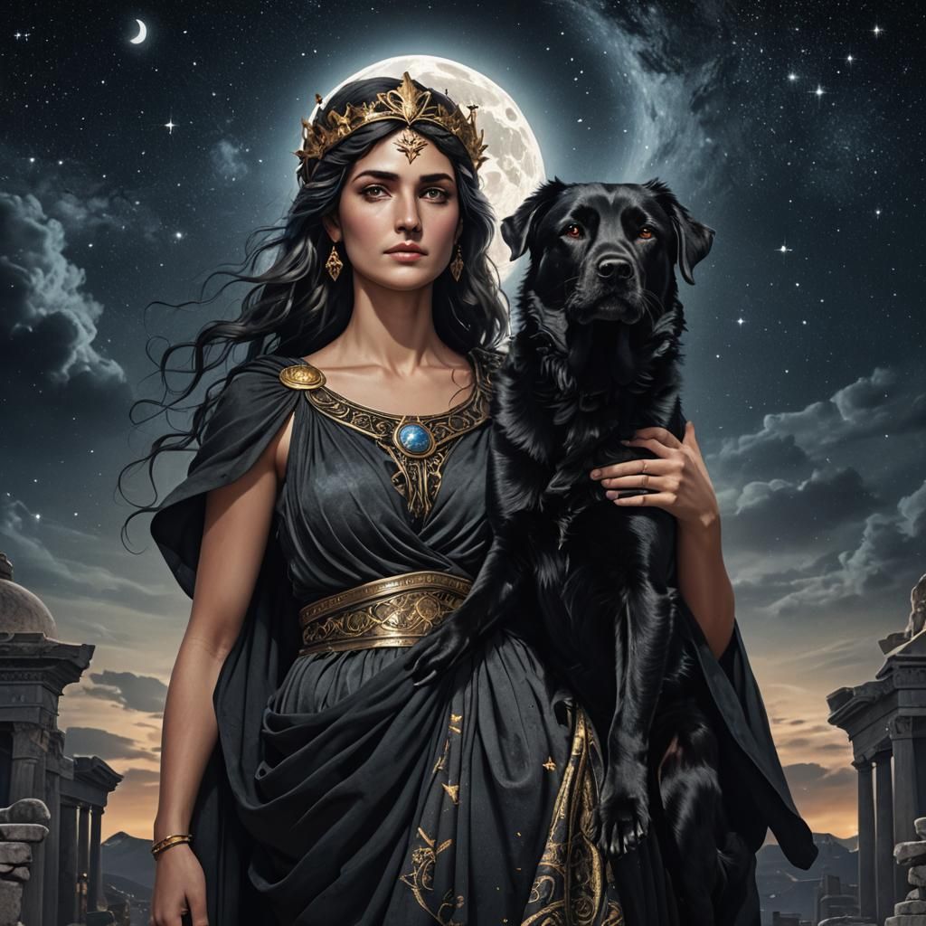 Greek Goddess Portrait with Black Dog and Moon