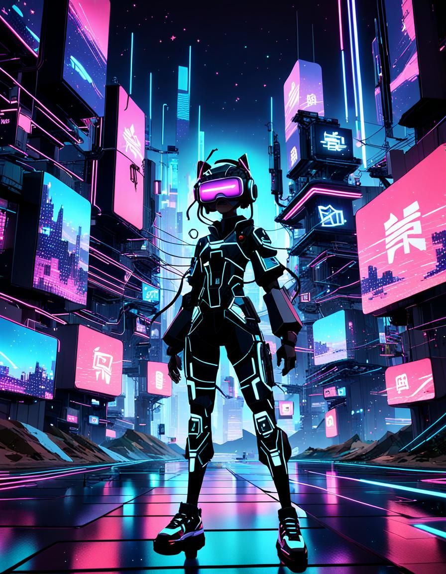 Futuristic VR Anime in Digital Neon Landscape