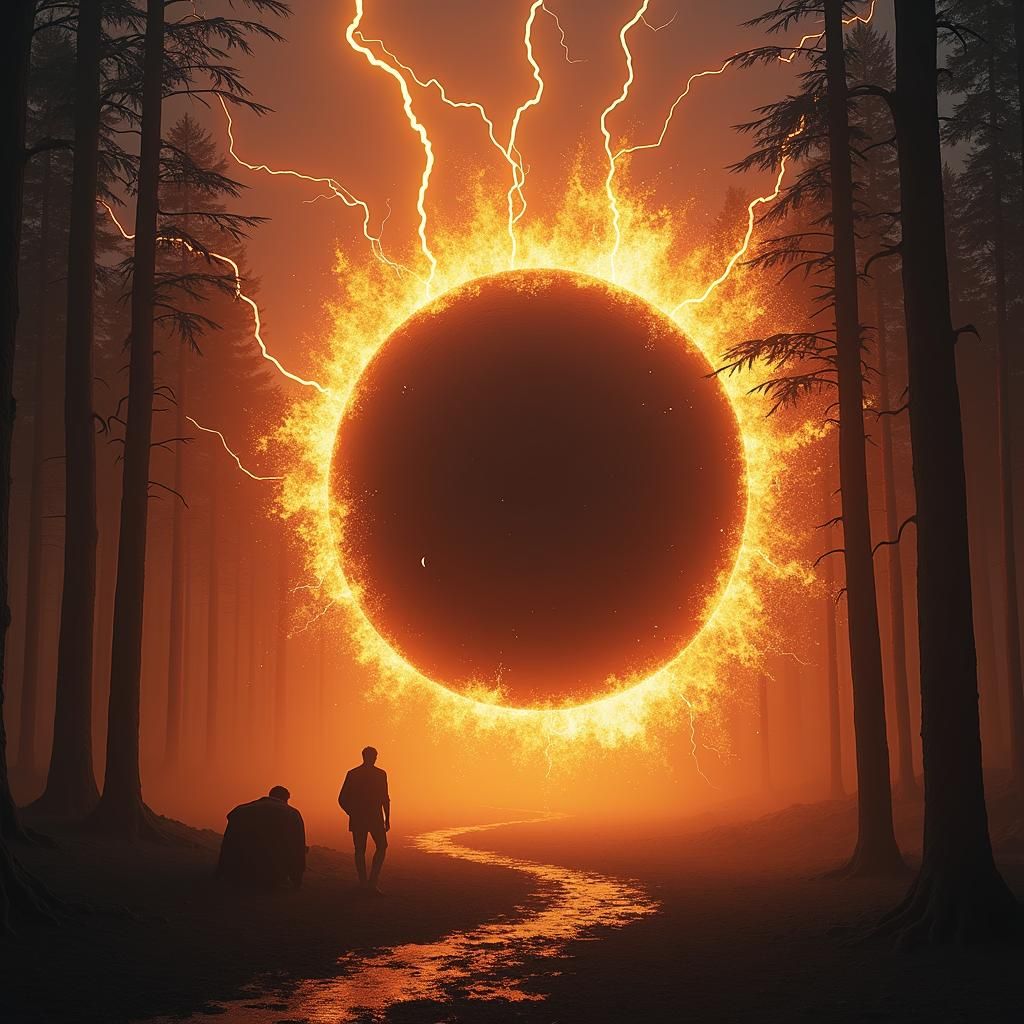 Forest fire with massive black hole and lightning. 2 angel/d...