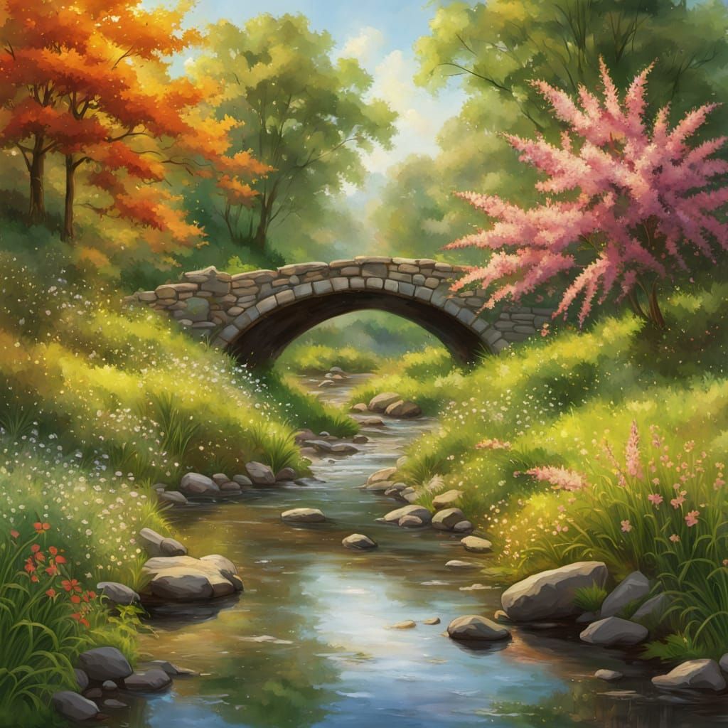 Vibrant Oil Painting of a Country Stream and Bridge