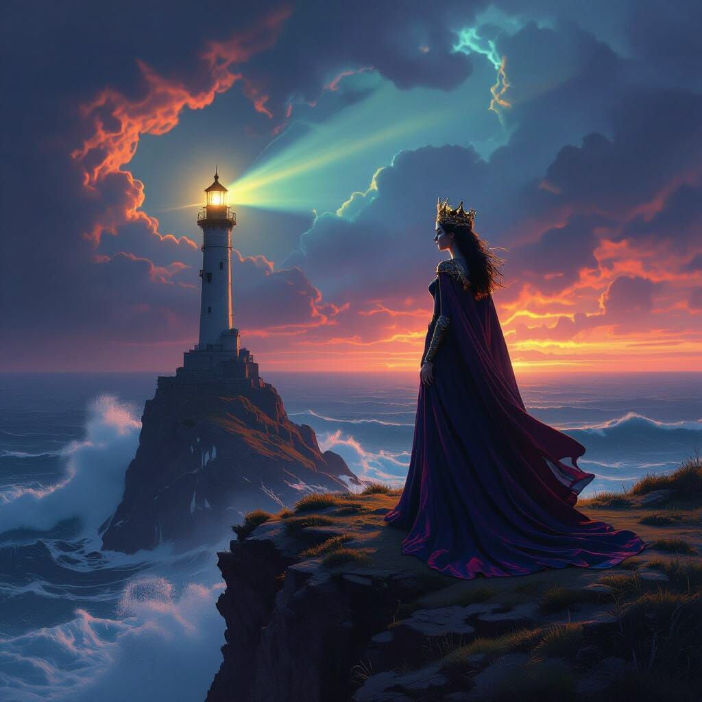 Queen on Cliff Overlooking Stormy Sea