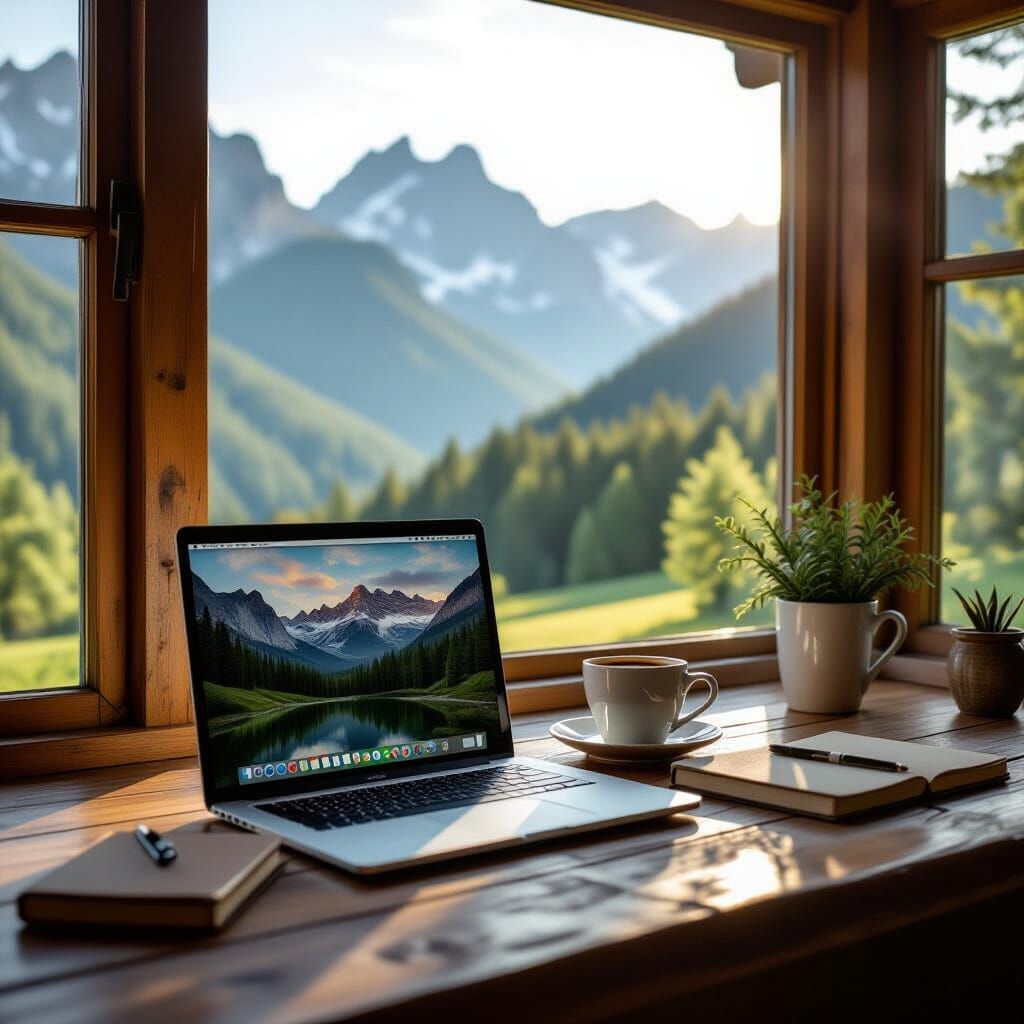 Photorealistic Cafe Scene with Forest View