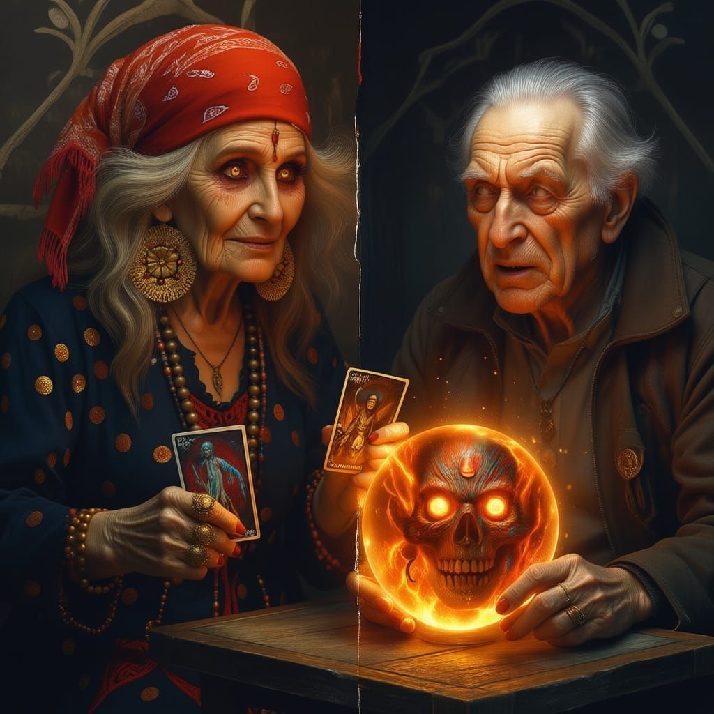 A visually engaging scene of a gypsy woman of advanced years...