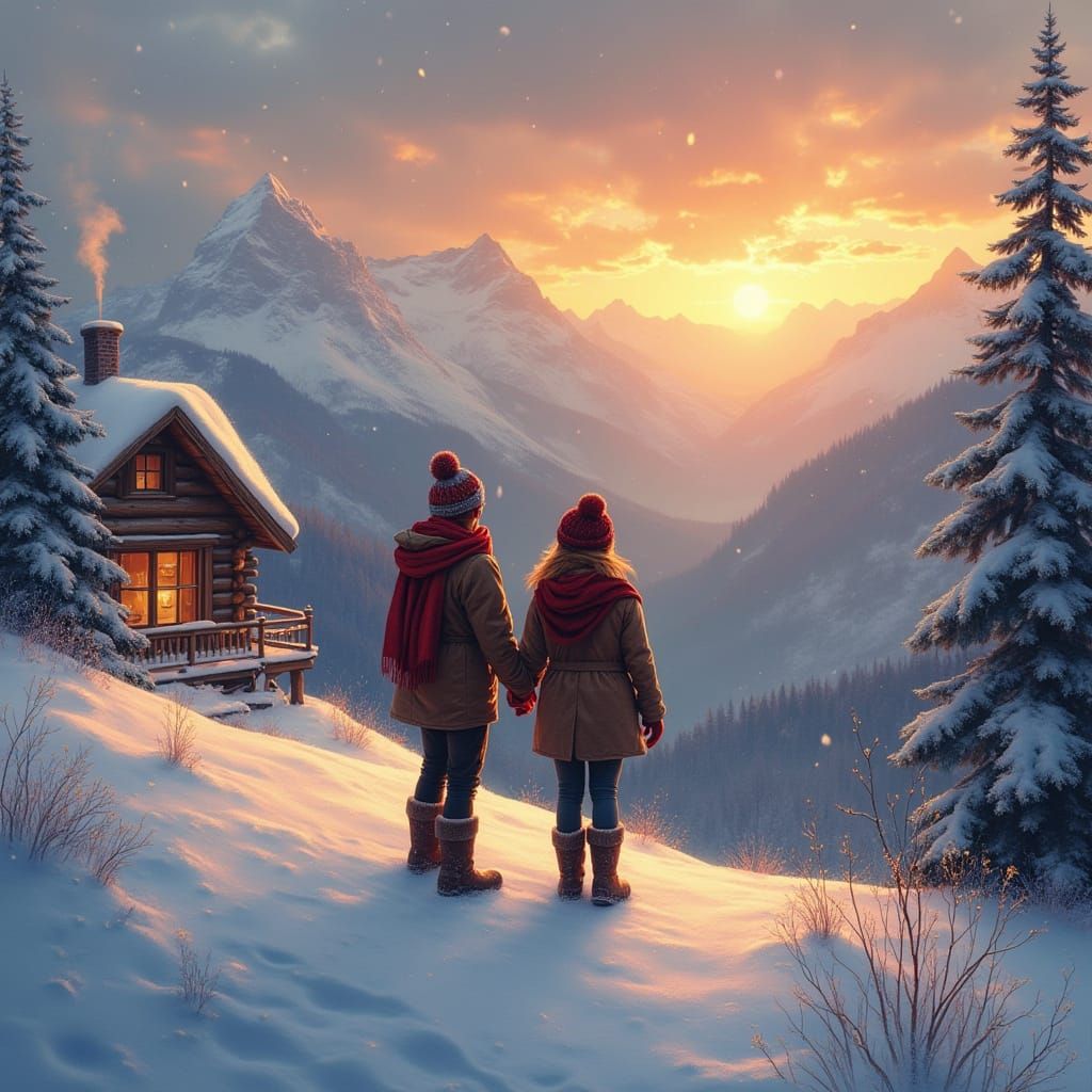 Winter Sunset Couple in Snowy Landscape