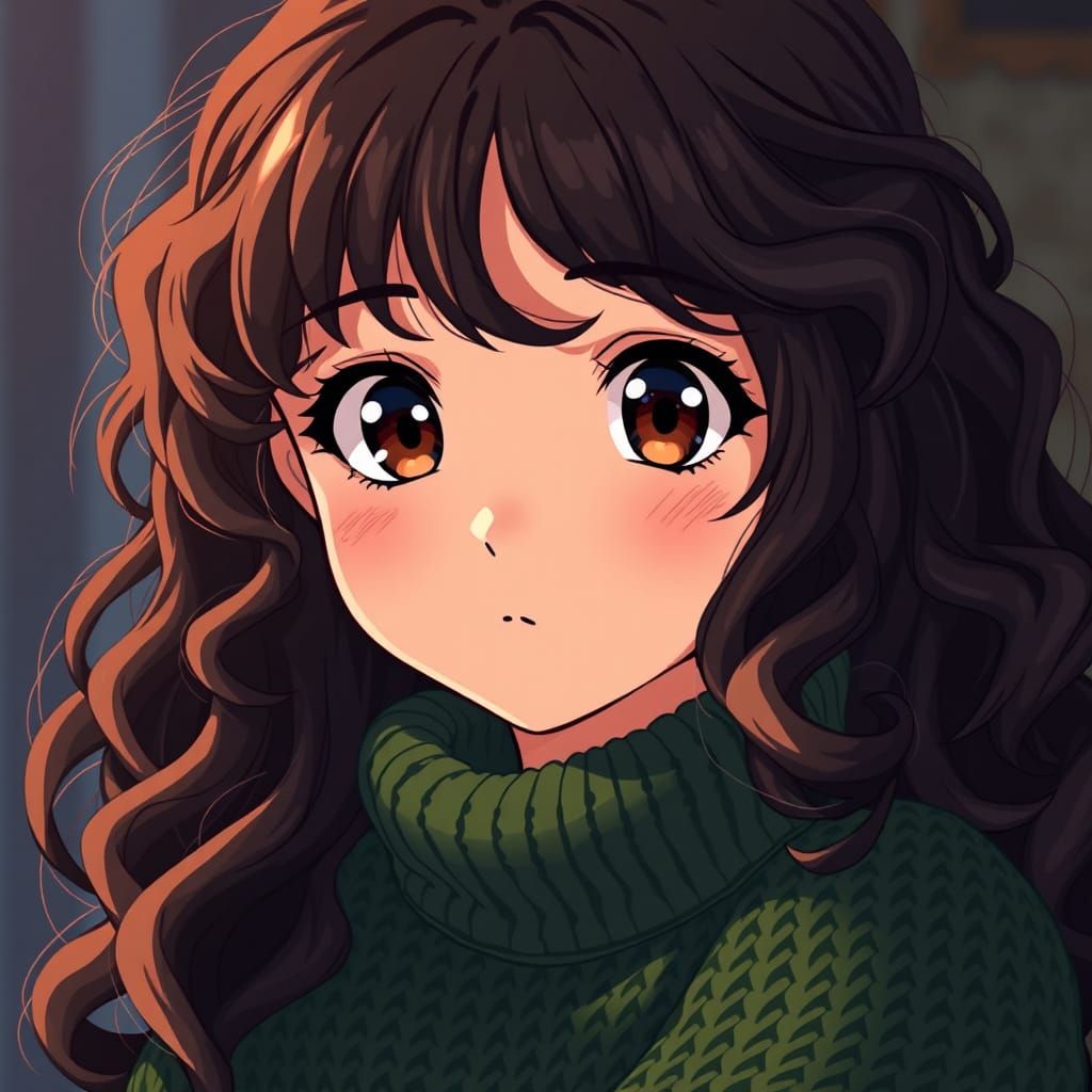 Cute Girl with Curly Hair in Manga Style