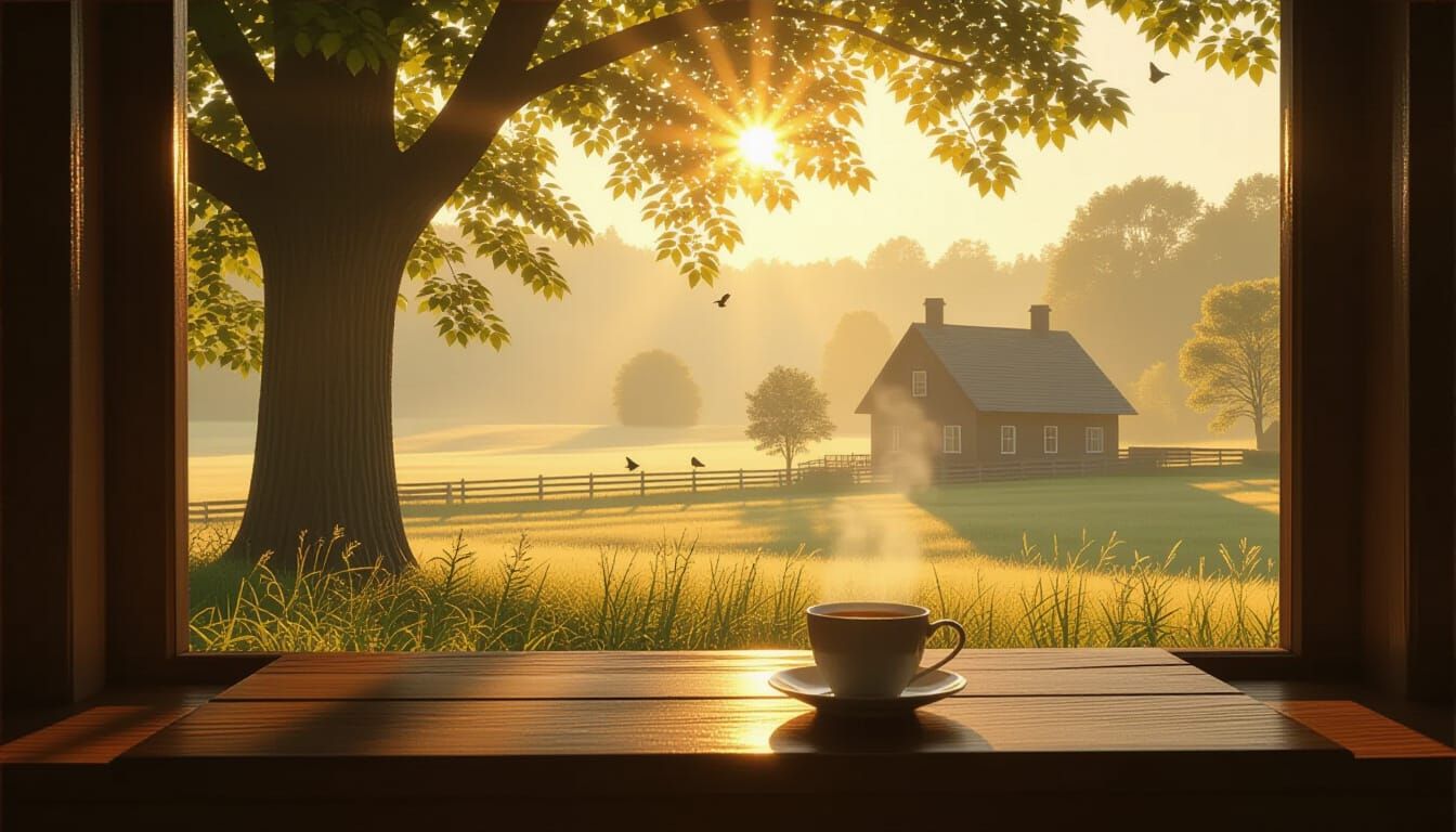 Golden Sunlight Breaks Through Trees Over Serene Countryside