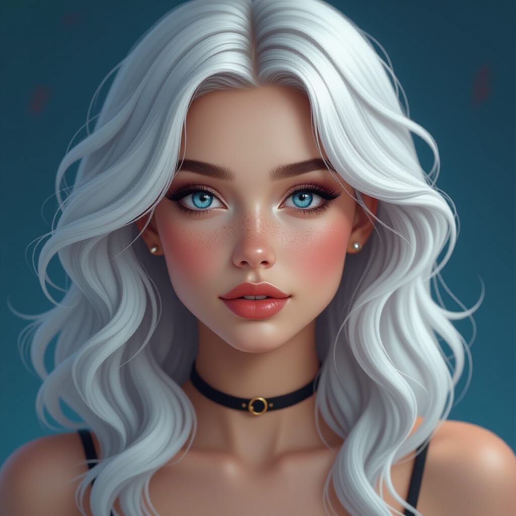 An exquisite, detailed painting showcasing a young woman wit...