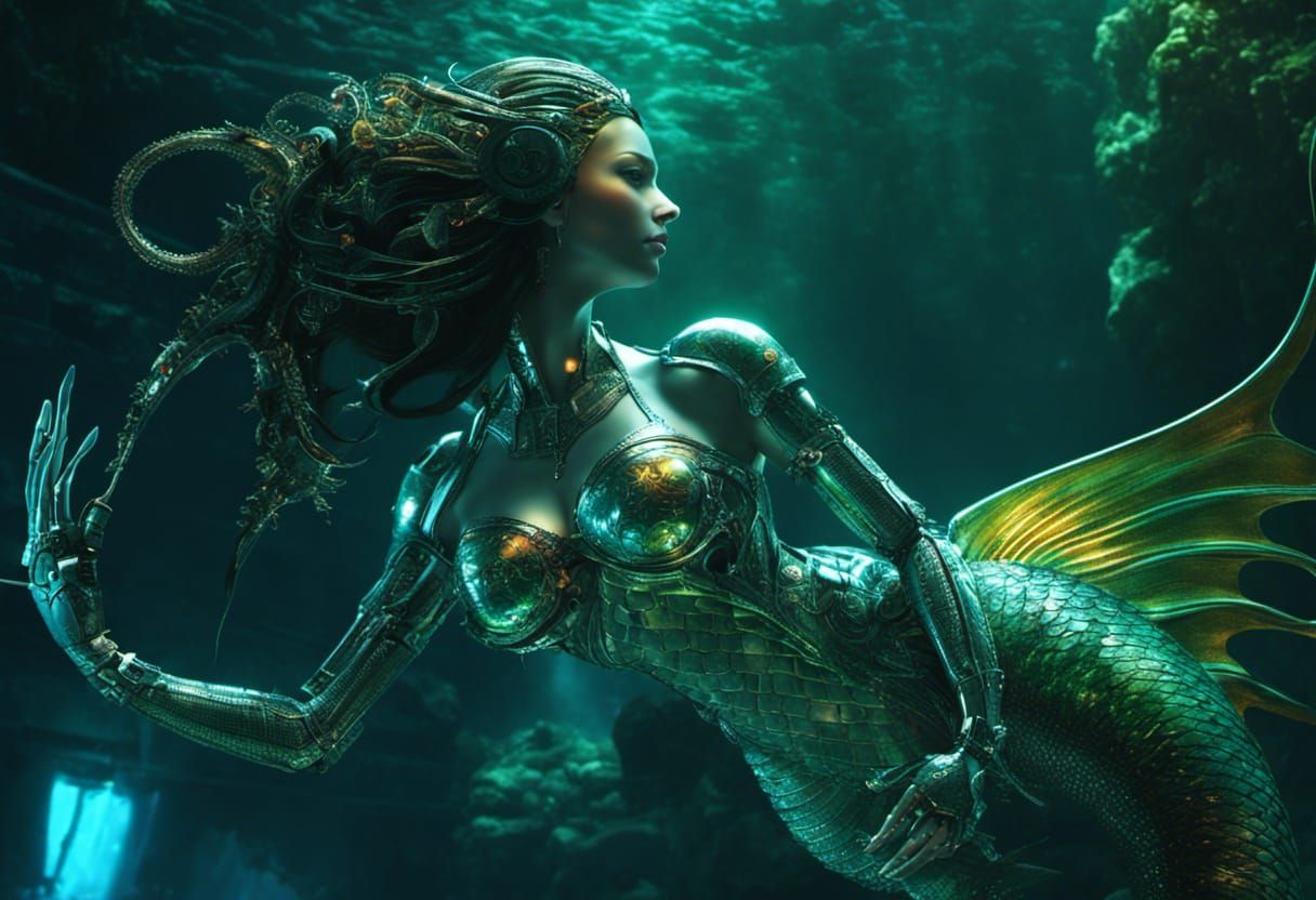 Cyberpunk Robotic Mermaid in Underwater Cityscape