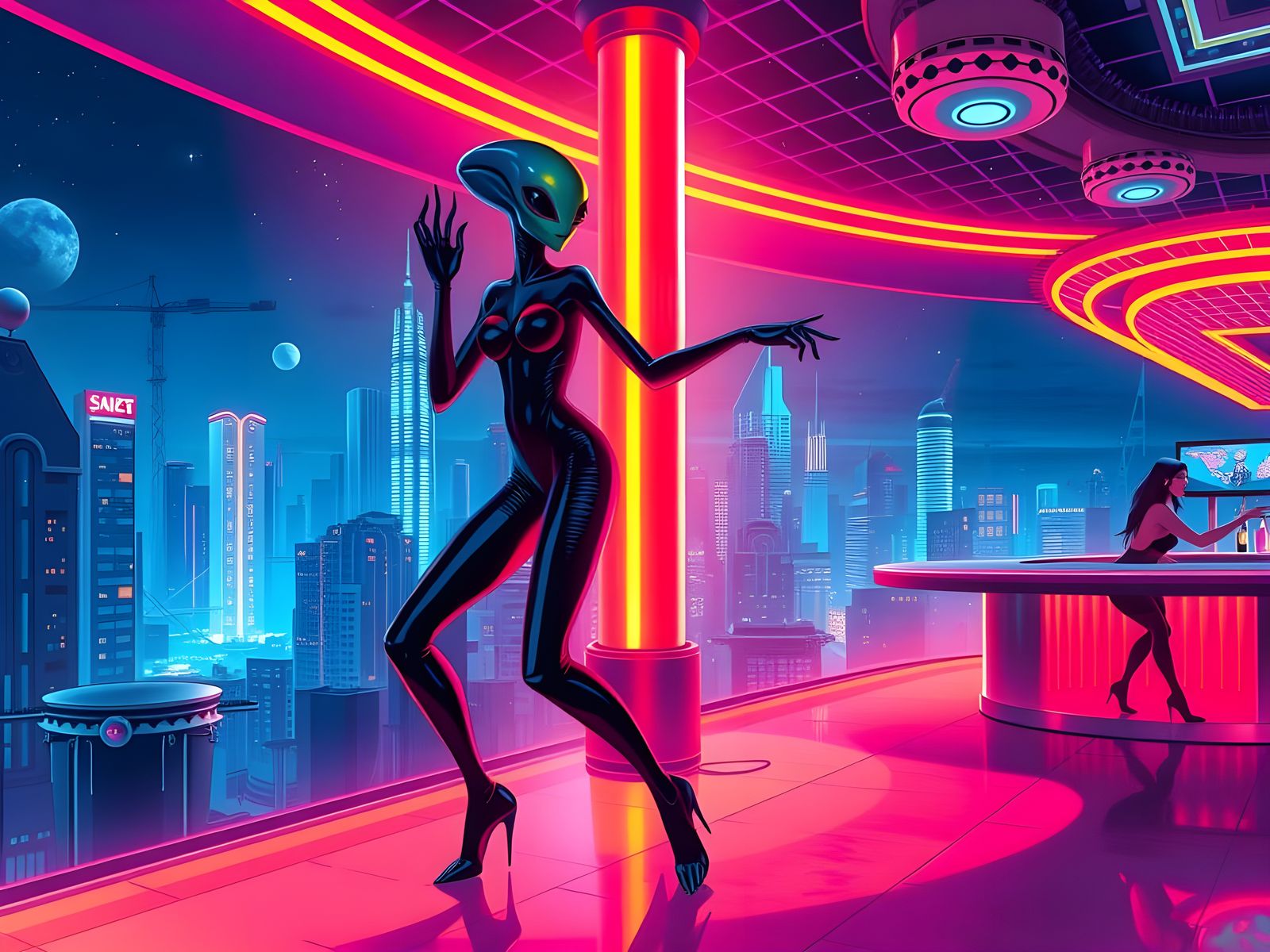 Alien Dancer in Futuristic Space Bar