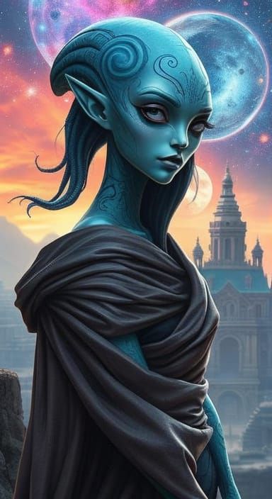 Iridescent Alien Beauty in Cosmic Cityscape