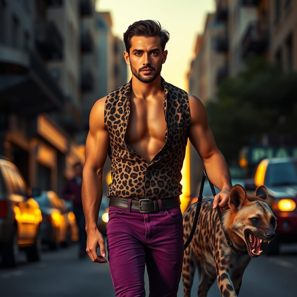 Arab Man Walks Hyena at Sunset in Hyperrealistic Style