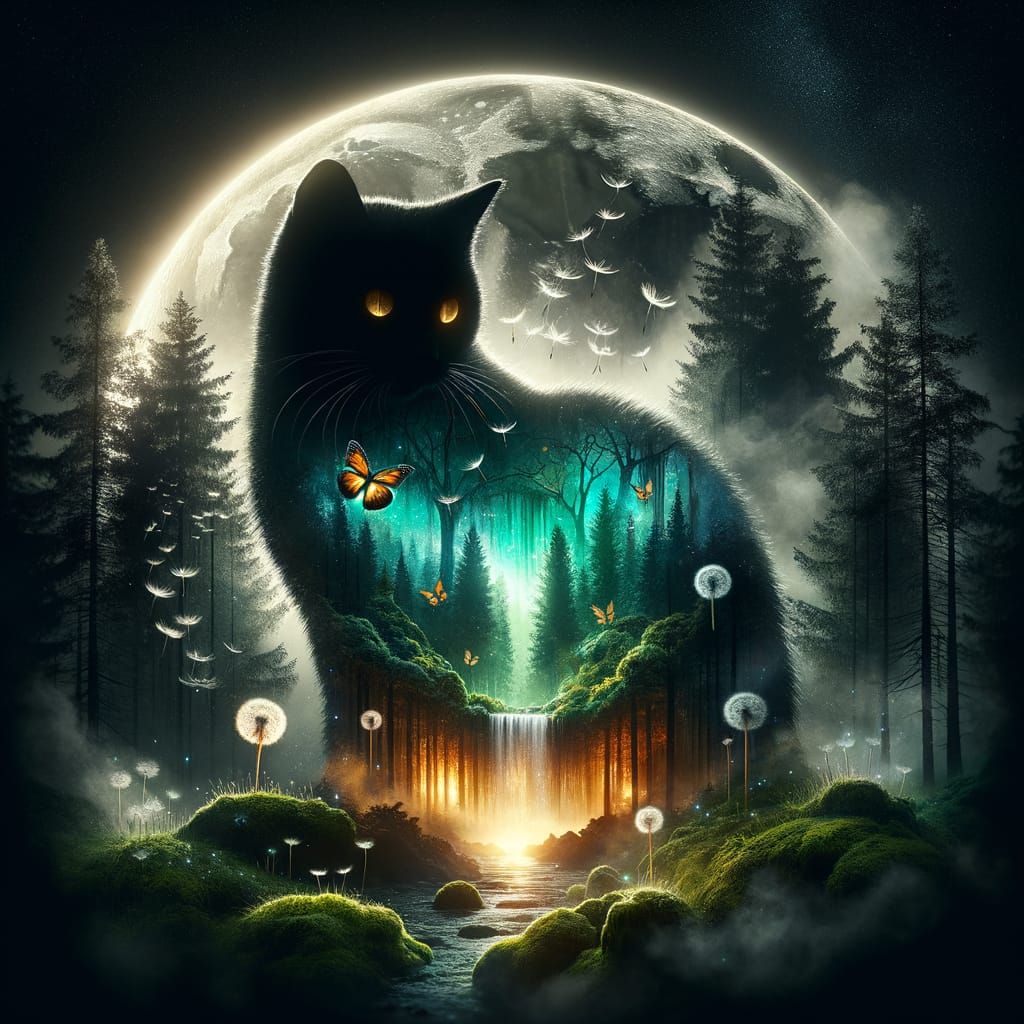 Surreal Black Cat Silhouette with Mystical Forest Inside
