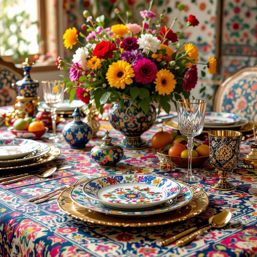 Vibrant Persian New Year Table in Pop Surrealist Style