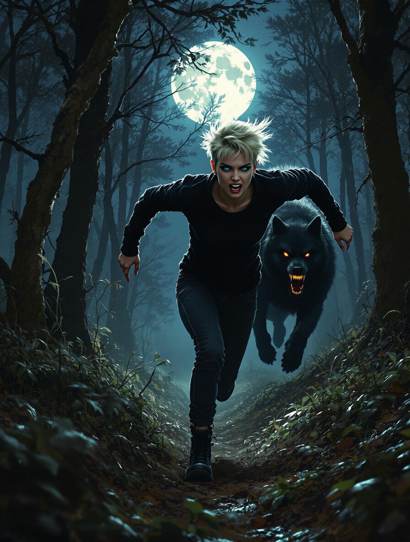 Fleeing Moonlit Terror in a Gothic Landscape