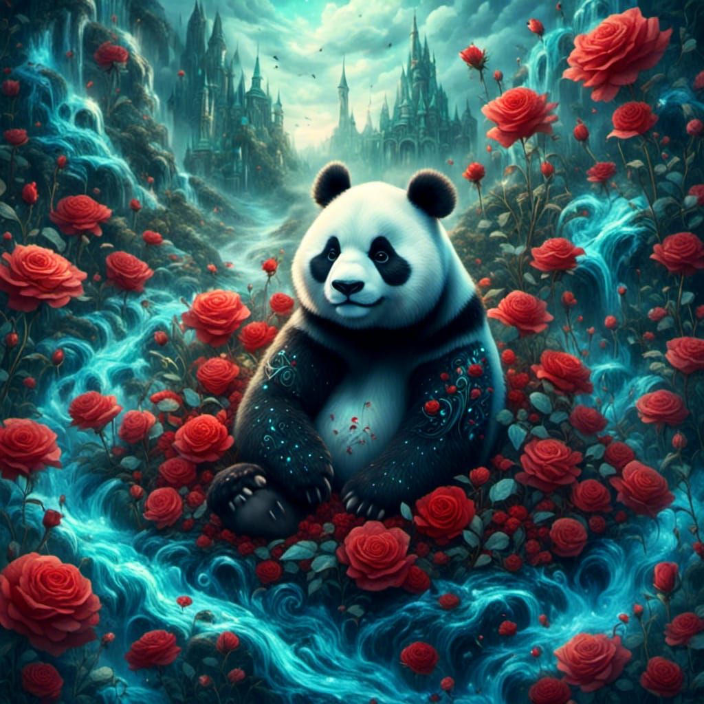 Fantastical Panda in a Garden of Red Roses