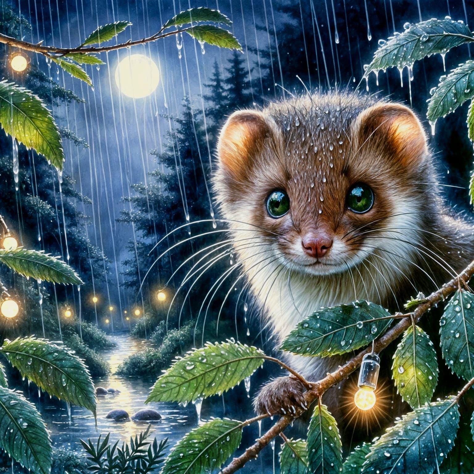 Fluffy Weasel Peeking from Rainy Leaves in Moonlight