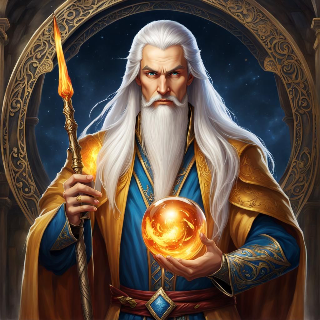 Young Half-Elf Wizard with Magic Staff, Fantasy Art