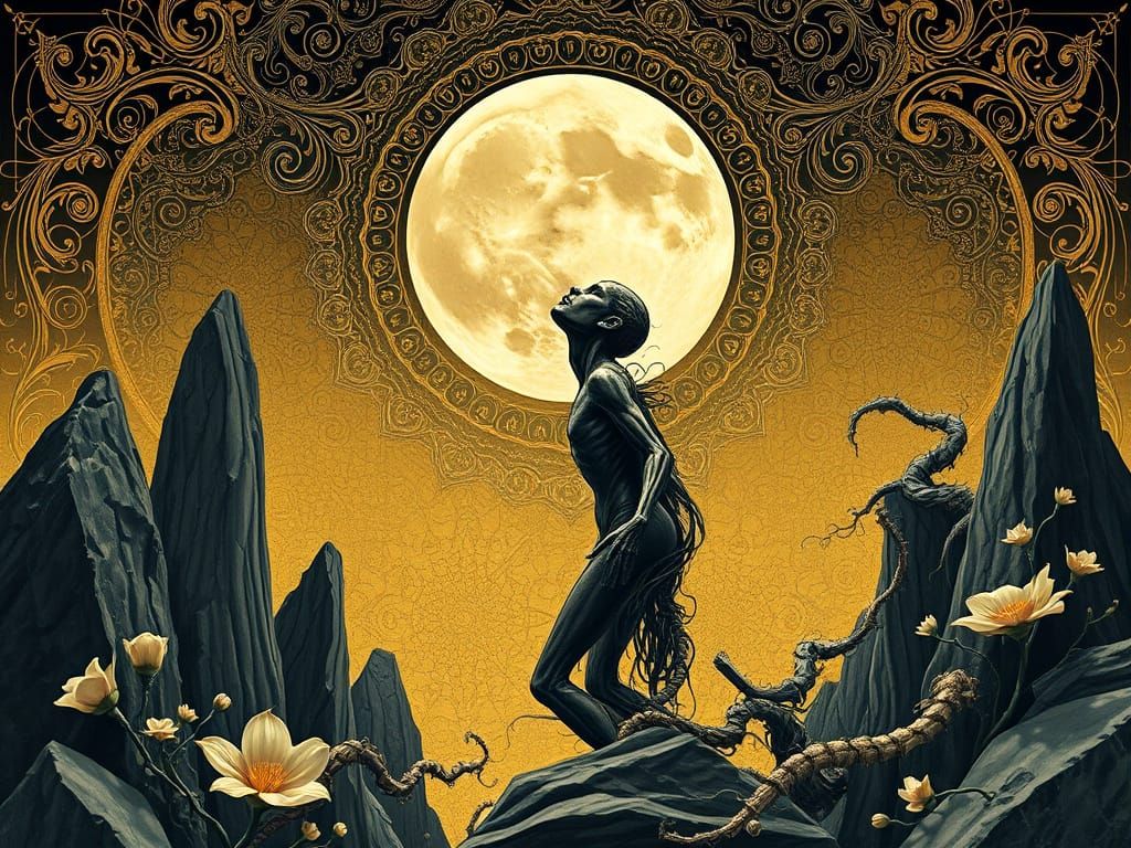 Surreal Figure Gazing at Filigree Moon