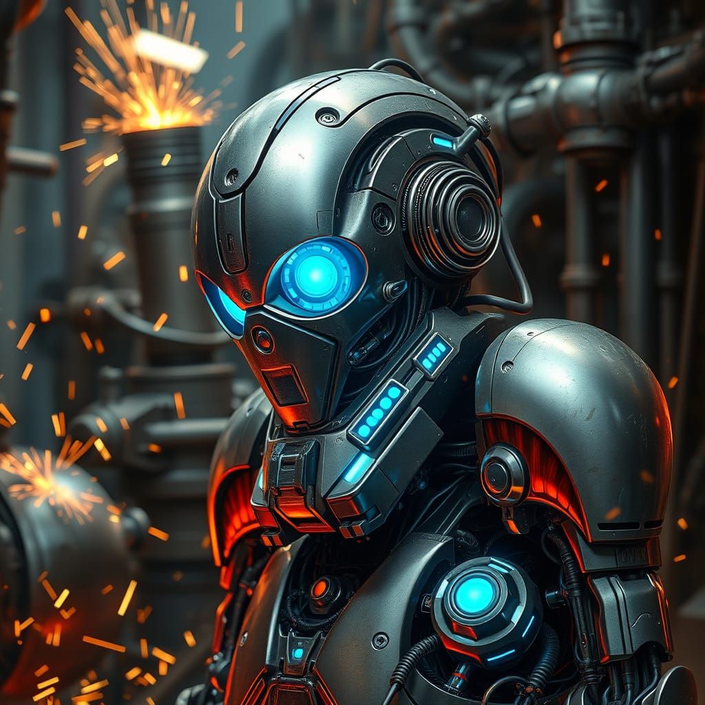 Futuristic Robot with Glowing Circuits in Industrial Setting