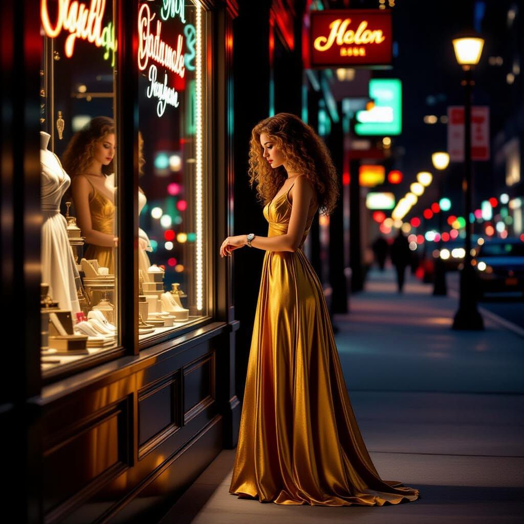 Melancholy Lady in Golden Dress Under Neon City Lights