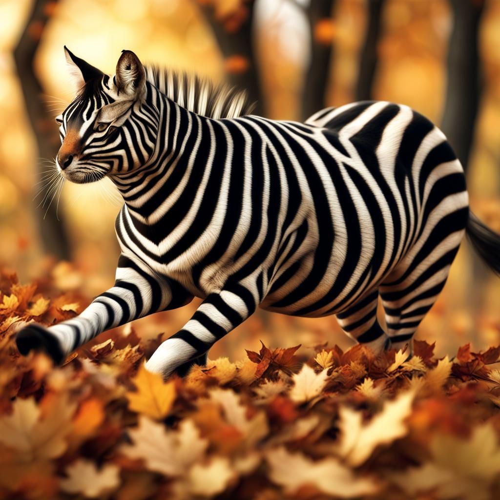 Zebra Cat Galloping Through Autumn Leaves