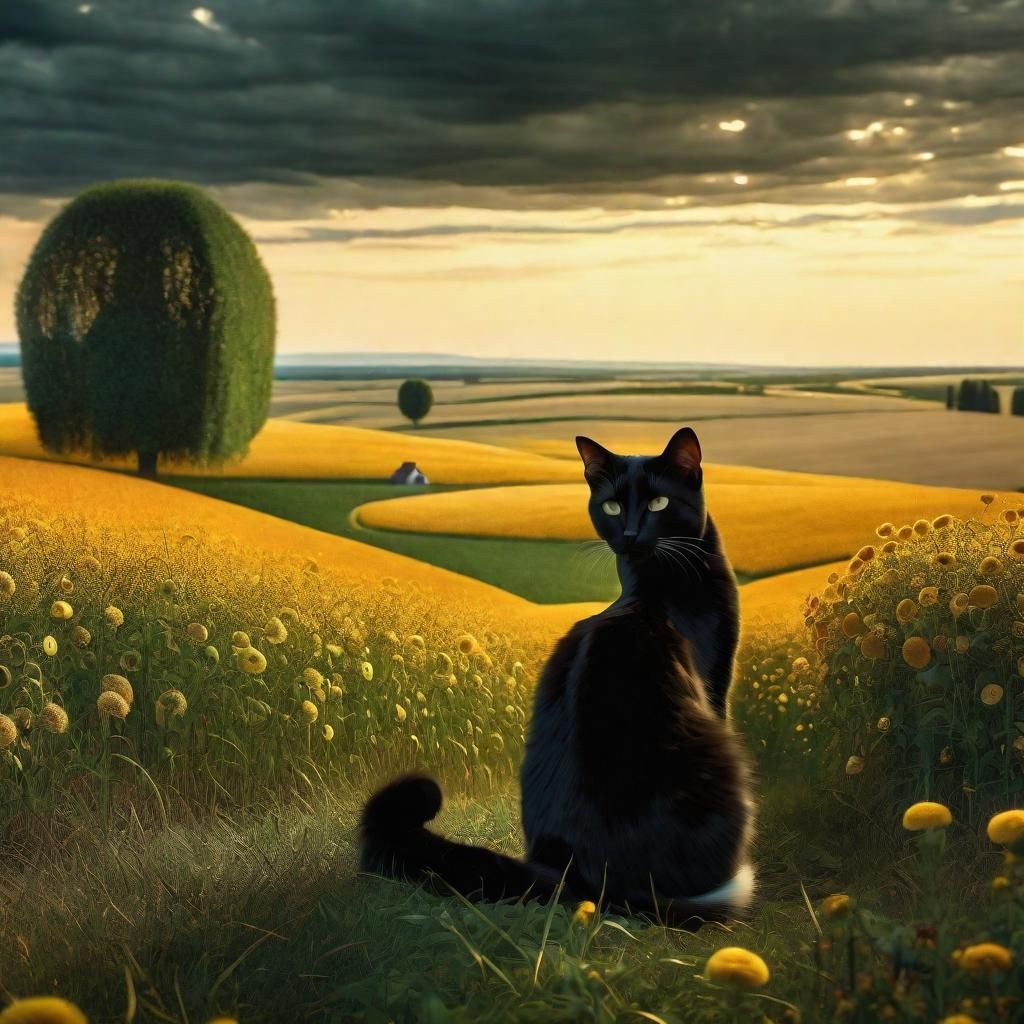 Futuristic Cat in Romantic Landscape, Klimt Style
