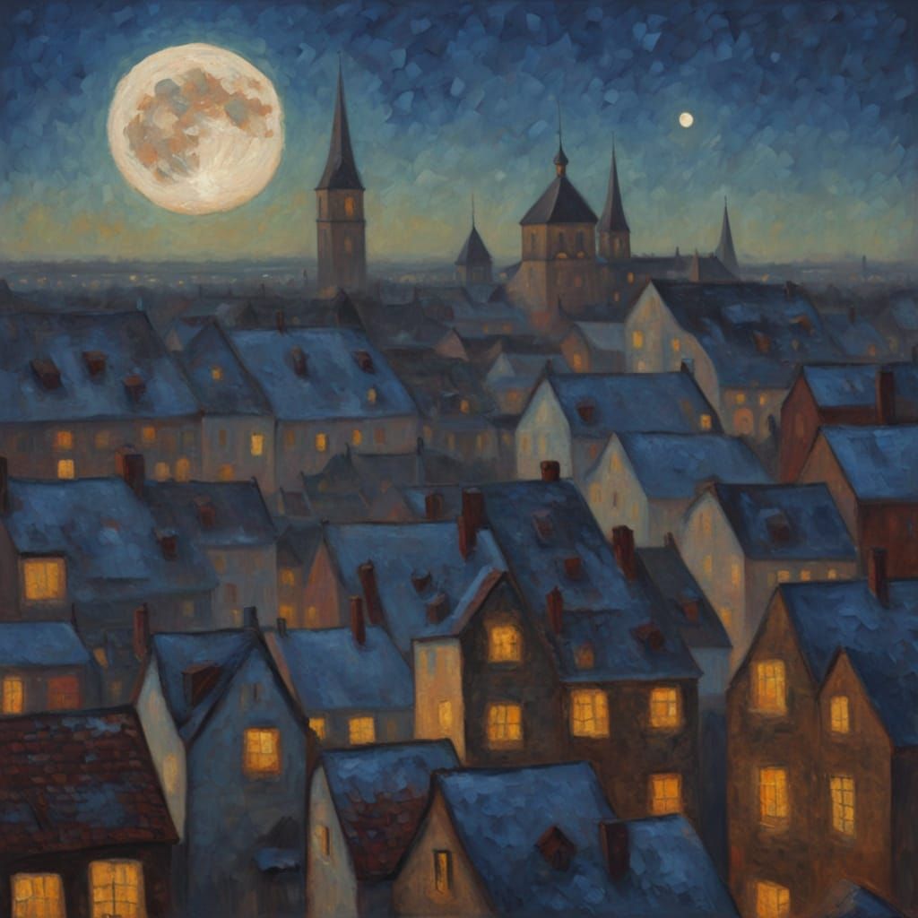 Pointillist Oil Painting of Old Town Under a Large Moon