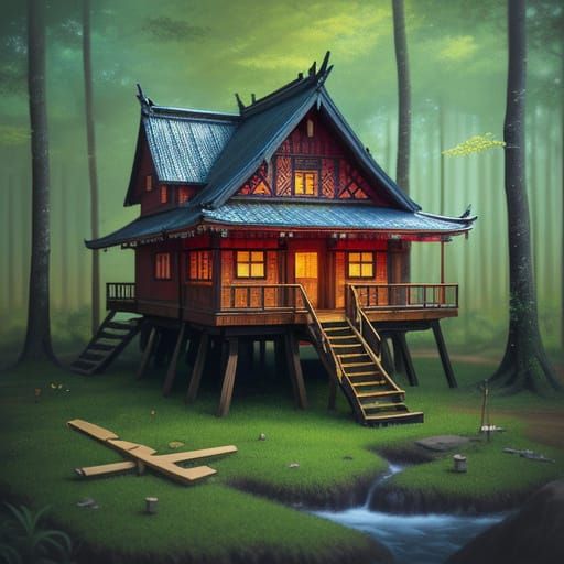 Whimsical Chopstick House in Forest Concept Art