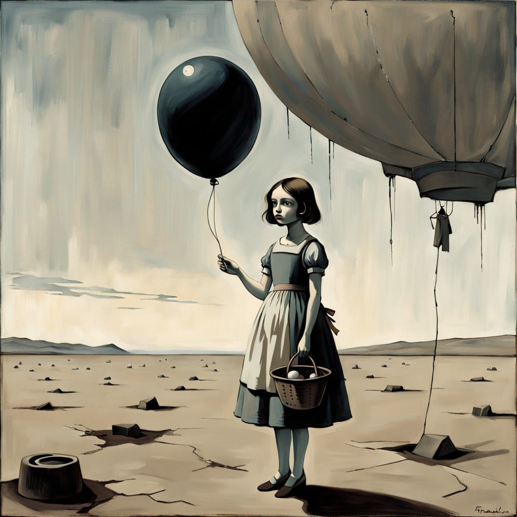 Surreal Girl with Balloon in Somber Painting