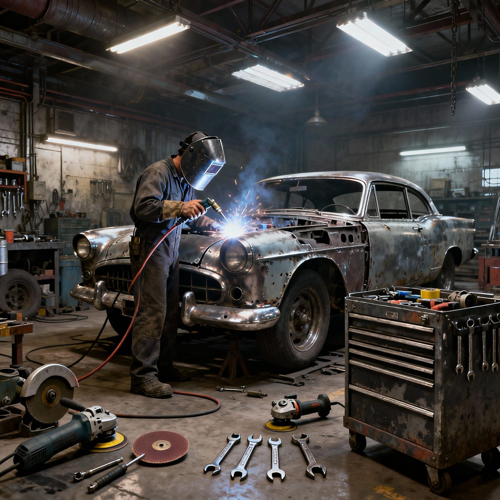 Classic Car Restoration in Gritty Realistic Concept Art Styl...