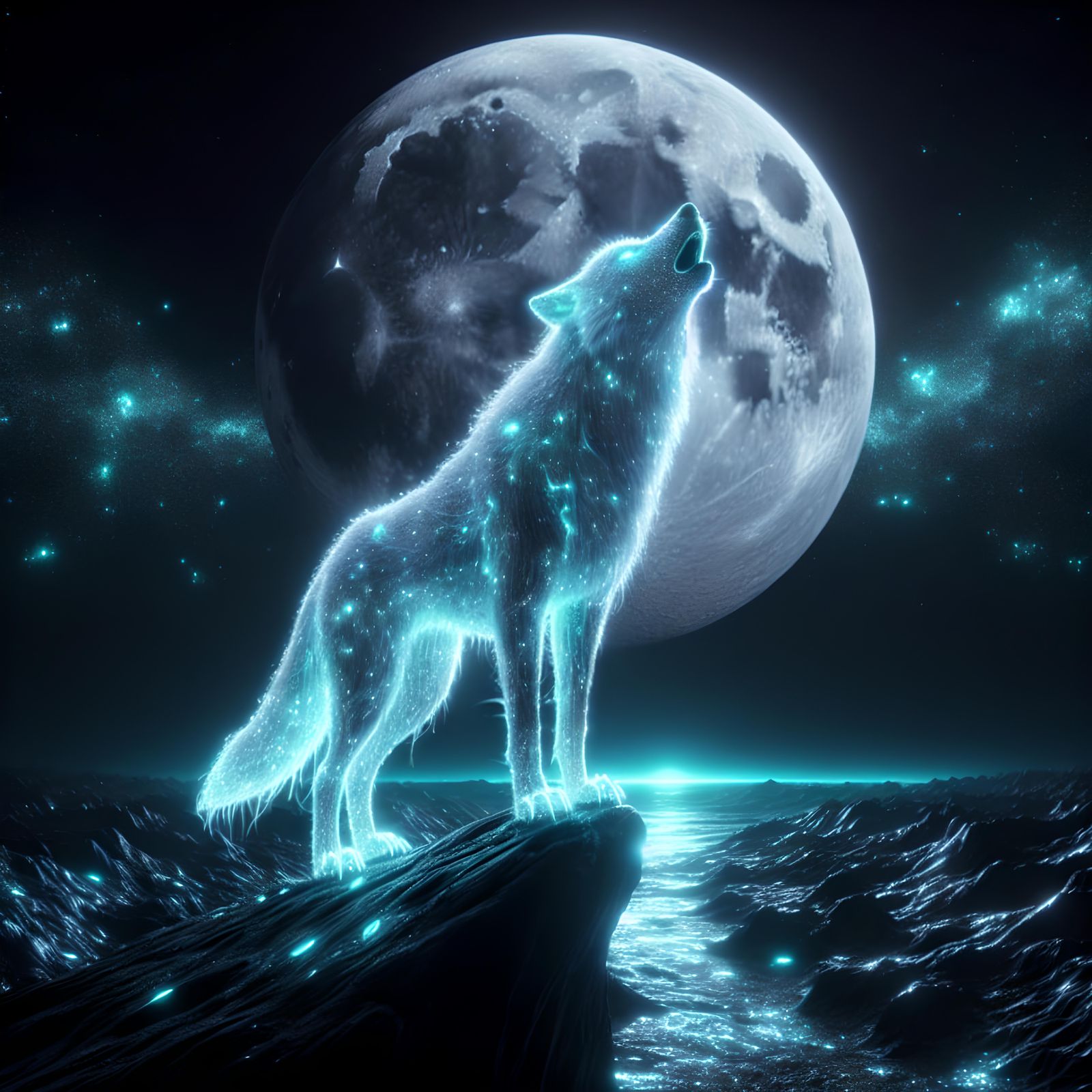 Bioluminescent Wolf Howling at Moon: 16k CGI Artwork