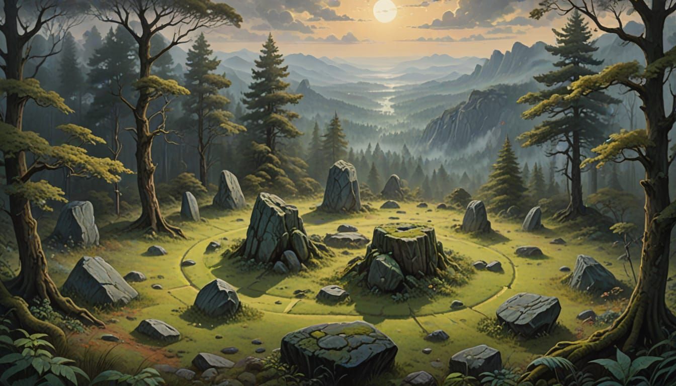 Mystical Druid Circle in a Foggy Forest Landscape