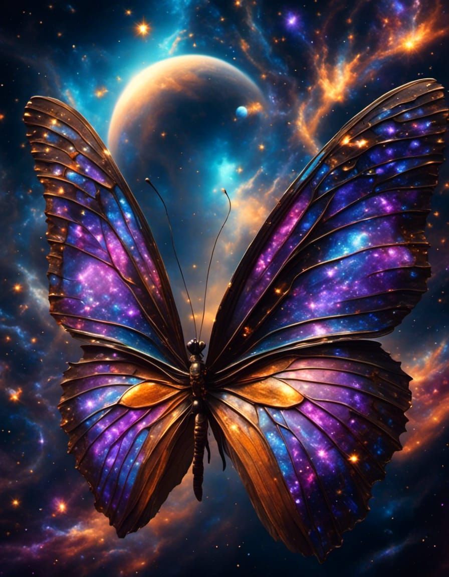 Butterfly Floating Through Galaxy in Hyperrealistic Style