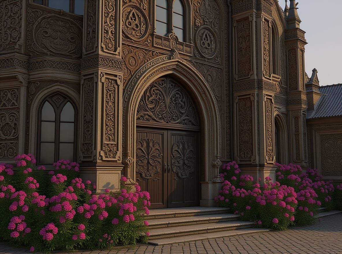 Gothic Building with Metalwork and Flowers